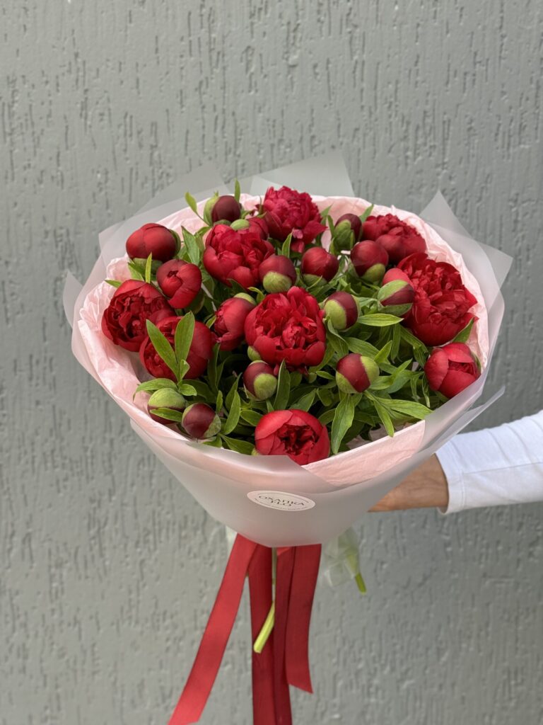 Букет красных пионов 15 штук. Купить