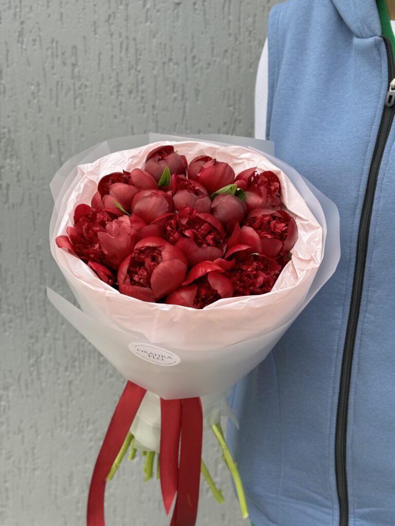 Букет красных пионов 15 штук. Купить