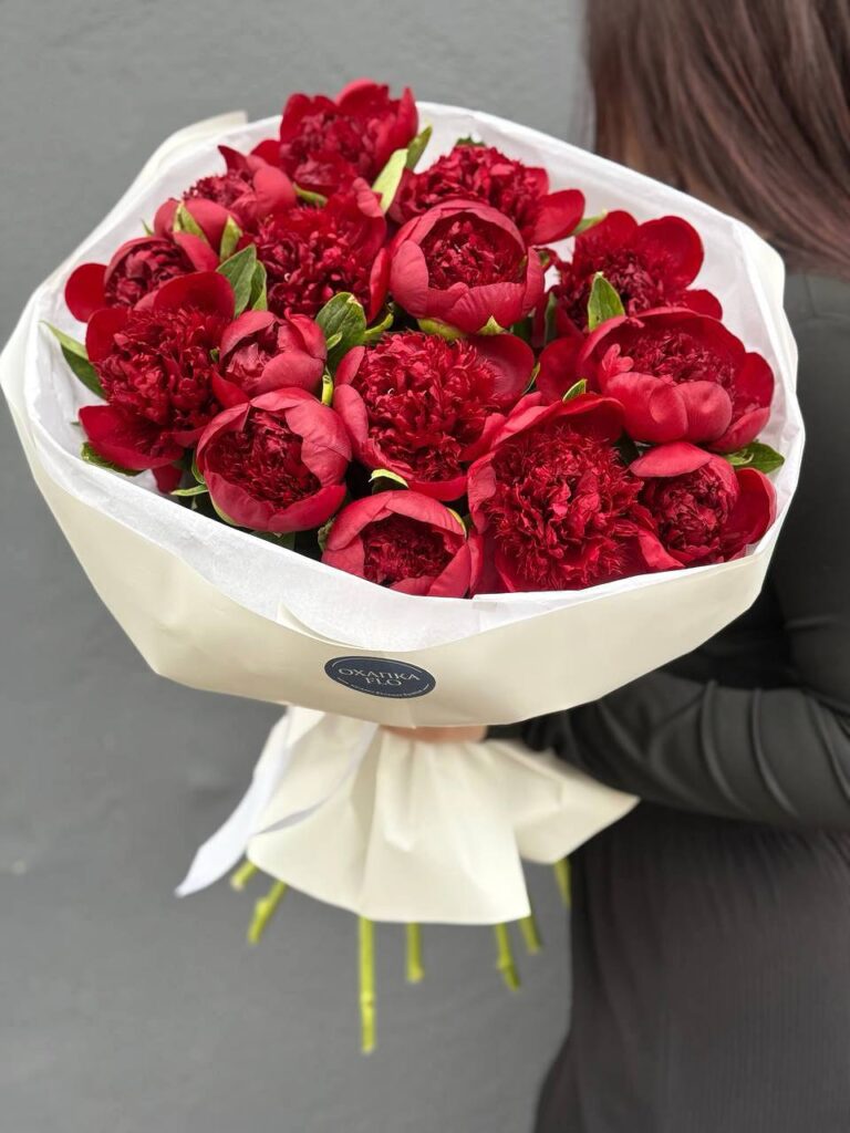 Букет красных пионов 15 штук. Купить